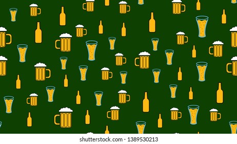 Texture seamless pattern from a set of raivy good tasty refreshing alcoholic drinks of hops light and dark malt foam beer in glasses, bottles on a green background. Vector illustration.