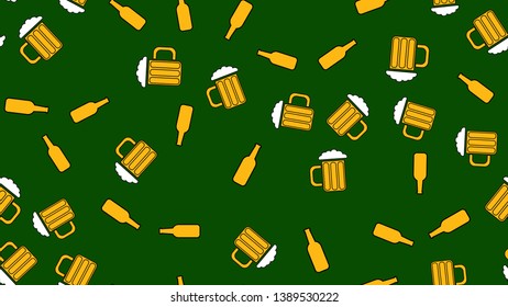Texture seamless pattern from a set of raivy good tasty refreshing alcoholic drinks of hops light and dark malt foam beer in glasses, bottles on a green background. Vector illustration.