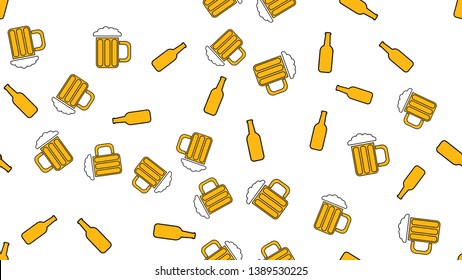 Texture seamless pattern from a set of vintage good tasty refreshing alcoholic drinks of hops light and dark malt foam beer in glasses, bottles on white background. Vector illustration.