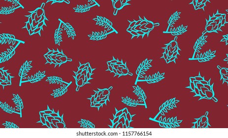 The texture is a seamless pattern of a variety of multicolored natural flowers of hops and malt for beer hops and malt ingredient for brewing. Pattern for the label. Vector illustration.