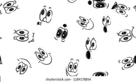 Texture seamless pattern of various black and white emotions: joy, smile, anger, delight, discontent, playfulness, fun, surprise, pleasure. A set of people with children's emotions. Vector.