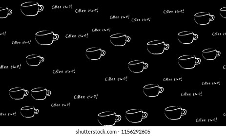 Texture seamless pattern of white cups of mugs with a pen of black coffee drawn in watercolor chalk paints and a coffee time inscription on a black background. Vector illustration.