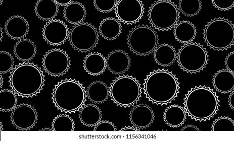 Texture seamless pattern of white round abstract carved metal beer caps with sharp edges for clogging beer bottles used in brewing gears on a black background. Vector illustration.