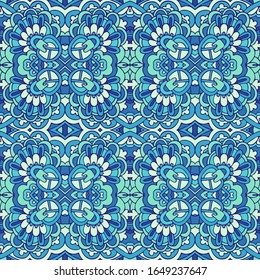 Texture seamless vector pattern arabesque from blue and white oriental tiles, ornaments doodle