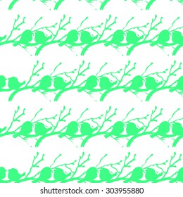 Texture seamless white background and green birds on branches