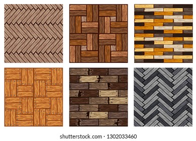 Texture set. Cartoon wood herringbone tiles pattern. Seamless texture grey wooden parquet board. Vector illustration for user interface of the game element. 