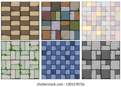 Texture set. Texture of old stone tiles, seamless background stone wall and grass. Illustration for user interface of the game element. Set 2 of 2