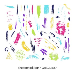 Elemento de forma textura, conjunto de diseño de golpe colorido, aislado en ilustración vectorial blanca. Colección de esbozo gráfico, línea abstracta de dibujo a mano.