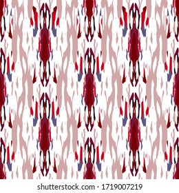 Texture, Shibori. Watercolor Staining Seamless Pattern. Traditional Art. Hand Drawn Painted. Red Maroon Ethnic Folklore Geo Rug.  Woven Medallion Ikat Mosaic.