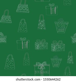 Texture with silhouette bags, boxes, presents seamless pattern on bright green background