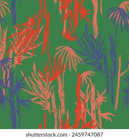 Texture with silhouettes foliage trees.  Floral pastel green seamless pattern. Vector illustration.