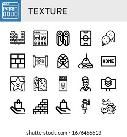 texture simple icons set. Contains such icons as Tiles, Brick, Wood, Football field, Arepas, Brick wall, Treasure map, Stained glass window, can be used for web, mobile and logo