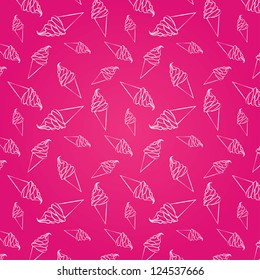 Texture with sketches of ice cream on a pink background (seamless pattern). Ice cream in a waffle cones (random positions and sizes).
