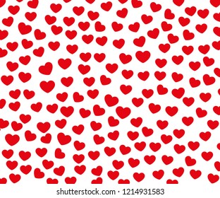 Texture of small red hearts arranged randomly on a light isolated background. Template. Vector illustration.