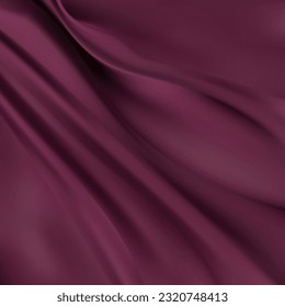 Texture of a smooth luxurious, elegant fabric in burgundy, purple, red. Purple satin or silk fabric with folds and waves