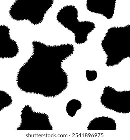 Texture spot, fluffy skin black white cow. Trendy animalistic seamless pattern for fashion, packaging, fabric and more. Vector illustration EPS10.