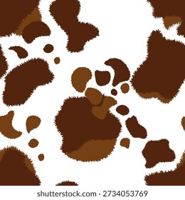 Texture spot, fluffy skin brown cow. Trendy animalistic seamless pattern on white background for fashion, packaging, fabric and more. Vector illustration EPS10.