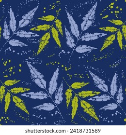 La textura estampaba hojas y pinta salpicaduras, manchas. Patrón veloz. Impresiones de hojas. Excelente para tela, papel de pared, papel de envoltura, diseño de superficie.