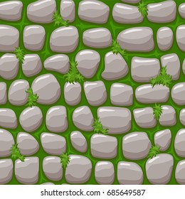 Texture Stone On Grass, Vector Cartoon Seamless Background