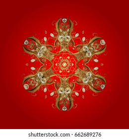 Texture with stylized golden snowflakes and dots on a red background. Starry Sky. Falling snow.