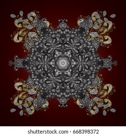 Texture with stylized golden snowflakes and dots on a brown background. Starry Sky. Falling snow.