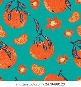 Texture stylized pattern with tangerines seamless endless vector rapport with overlapping pattern