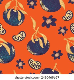 Texture stylized pattern with tangerines seamless endless vector rapport with overlapping pattern