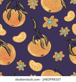 Texture stylized pattern with tangerines seamless endless vector rapport with overlapping pattern