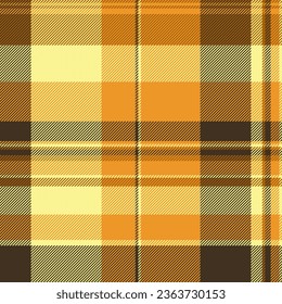 Texture tartan background of check textile fabric with a seamless plaid vector pattern in orange and yellow colors.