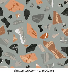 Texture of terrazzo floor, abstract colorful seamless pattern. Marble tile surface area. Stone colored mosaic on gray background. Vector wallpaper
