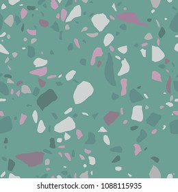 Texture of Terrazzo Floor. Tile with pebbles and stone. Abstract green mosaic, seamless pattern. Vector background.