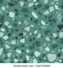 Texture of Terrazzo Floor. Tile with pebbles and stone. Abstract green mosaic, seamless pattern. Vector background.