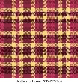 Texture textile fabric of background seamless pattern with a vector tartan check plaid in red and amber colors.