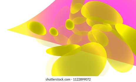 Texture of transparent yellow abstract volumetric fashion unique magic round of different shapes of light beautiful aerial space bubbles, drops on a white background. Vector illustration.