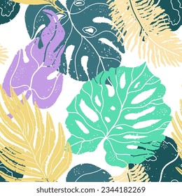 Texture tropical leaves, folk art, linocut, rustic style. Texture seamless pattern. Vector