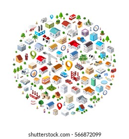 Texture of urban pattern of isometric city facilities such as homes, buildings, factories, plants and trees. Web elements for background and interactive applications concept