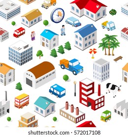 Texture of urban seamless repeating pattern of isometric city facilities such as homes, buildings, factories, plants and trees. Web elements for background and interactive applications concept