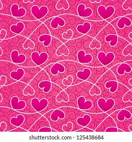 Texture for a Valentine day with pink hearts and vintage pattern on a light pink background (seamless pattern). Positive texture for Lovers.