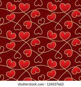 Texture for a Valentine day with red hearts and vintage patterns on a dark red background (seamless pattern). Positive texture for Lovers.