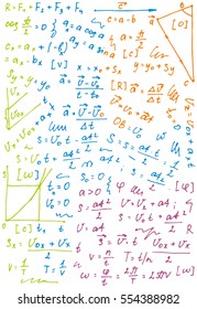  Texture with various formulas, calculation and mathematical figures. Vector illustration