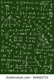 Texture with various formulas, calculation and mathematical figures. Vector illustration