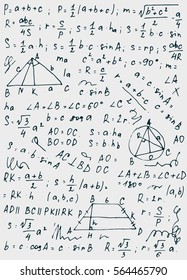 Texture with various formulas, calculation and mathematical figures. Vector illustration