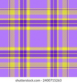 Texture vector pattern of background fabric textile with a plaid seamless tartan check in violet and yellow colors.