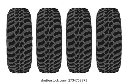 Texture of vehicle tires vector track silhouette illustration isolated on white background. Car tire set for winter and all seasons, mark tire tread. Tread marks pattern for machine and vehicle.