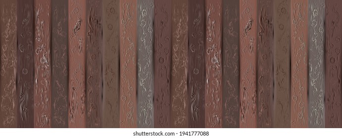 Texture of vertical wooden planks. Shades of brown, ash, mahogany. Rectangular vector illustration. Boards. The fence. Use as a background, wallpaper, packaging, overlay on any base, etc.