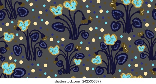 Texture violets. Forest flowers. Cartoon style. Hand drawn elements. Vector seamless overlapping pattern.