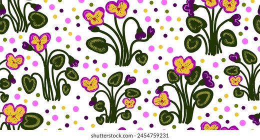 Texture violets. Forest flowers. Cartoon style. Hand drawn elements. Vector seamless overlapping pattern.