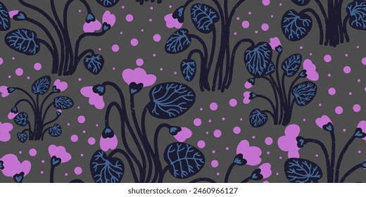 Texture violets. Forest flowers. Cartoon style. Hand drawn elements. Vector seamless overlapping pattern.