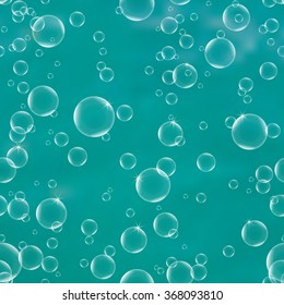 Texture water with bubbles on a turquoise background seamless pattern. Circle and liquid, light design, clear soapy shiny, vector illustration.