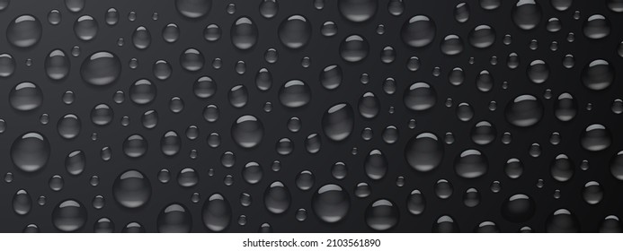 Texture of water droplets on black background. Vector realistic illustration of condensation of steam in shower, vapor or fog on wet dark surface, clear aqua drops from dew or rain